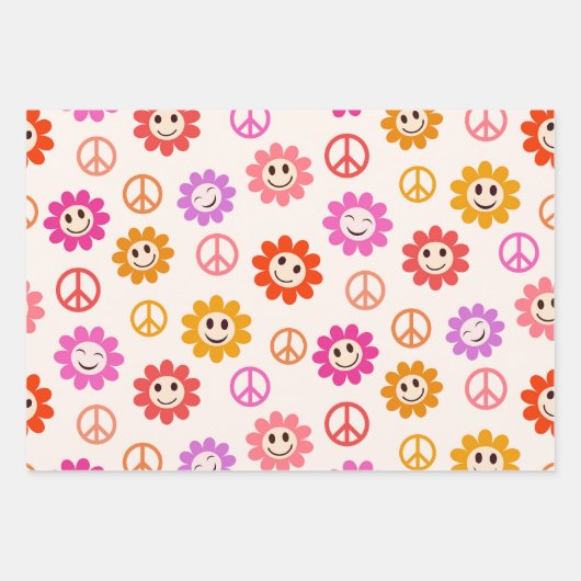Happy Lächelnde Blume mit Friedenszeichen Geschenkpapier Set (Vorderseite 2)