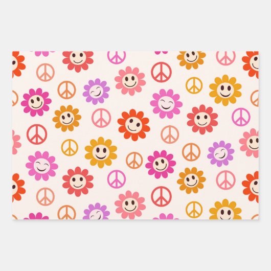 Happy Lächelnde Blume mit Friedenszeichen Geschenkpapier Set (Vorderseite)