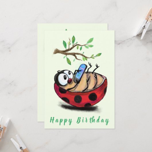 Happy Ladybug mit Phone Funny Birthday Card (Vorderseite/Rückseite Beispiel)