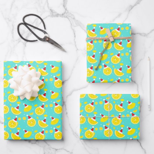 Happy Lemons Weihnachtsmannmützen Muster Weihnacht Geschenkpapier Set (Vorderseite)
