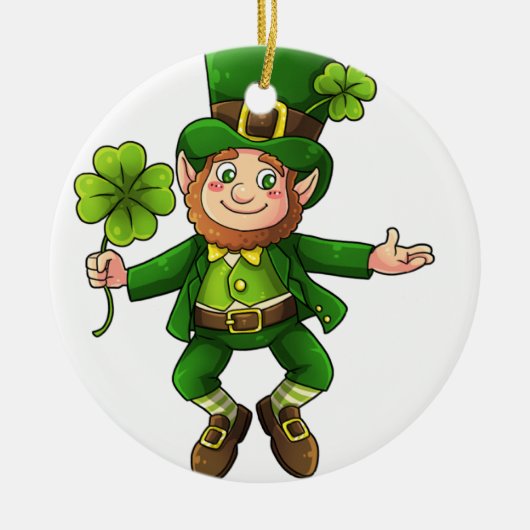 Happy Leprechaun und Kleeblatt Keramik Ornament (Vorne)