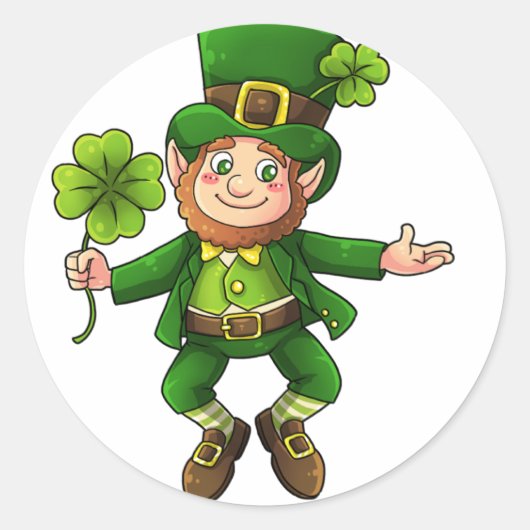 Happy Leprechaun und Kleeblatt Runder Aufkleber (Vorderseite)