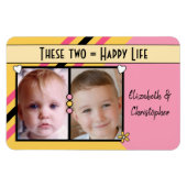 Happy Life hinzufügen 2 Fotos und Namen gelb pink Magnet (Horizontal)