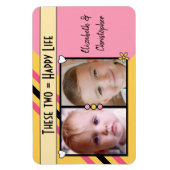 Happy Life hinzufügen 2 Fotos und Namen gelb pink Magnet (Vertikal)