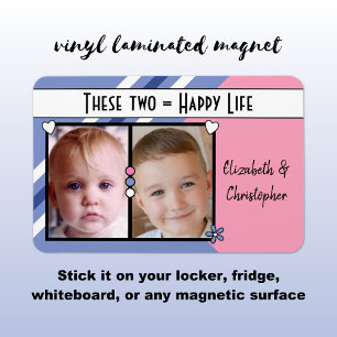 Happy Life hinzufügen 2 Fotos und Namen lila rosa Magnet