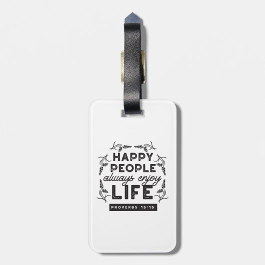Happy Life with Faith – Proverbs 15:15 Art Gepäckanhänger (Rückseite vertikal)