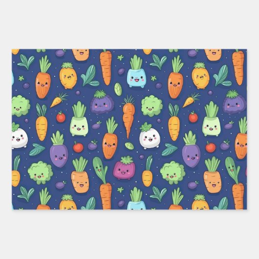 Happy Lil' Veggie Characters Wrapping Paper Geschenkpapier Set (Vorderseite)