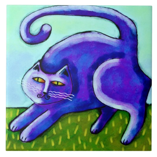Happy Lila Cat Abstrakt Painting Fliese (Vorderseite)