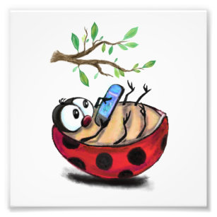 Happy Little Ladybug mit Telefon - Cartoon Zeichne Fotodruck