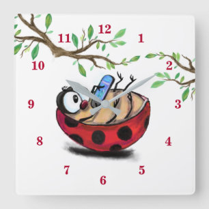 Happy Little Ladybug mit Telefon - Cartoon Zeichne Quadratische Wanduhr