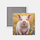 Happy Little Pig Sunny Daisy Field Magnet (Vorderseite/Rückseite)