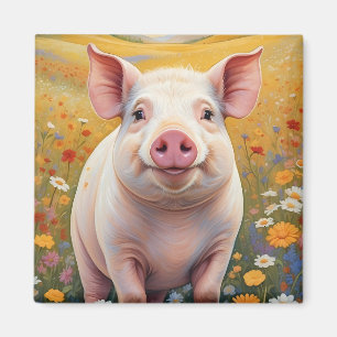 Happy Little Pig Sunny Daisy Field Magnet