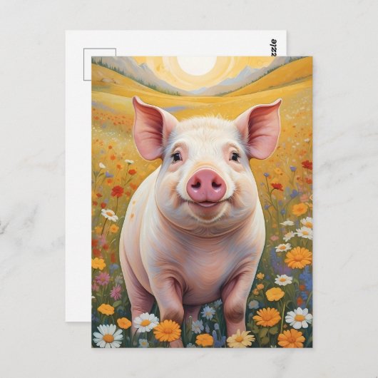 Happy Little Pig Sunny Daisy Field Postkarte (Vorne/Hinten)