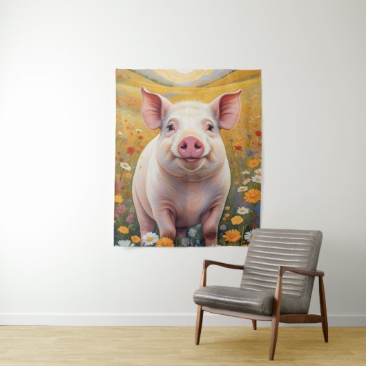 Happy Little Pig Sunny Daisy Field Wandteppich (Beispiel)