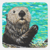Happy Little Sea Otter Malerei Quadratischer Aufkleber (Vorderseite)