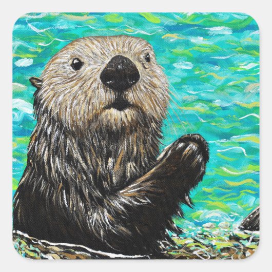 Happy Little Sea Otter Malerei Quadratischer Aufkleber (Vorderseite)