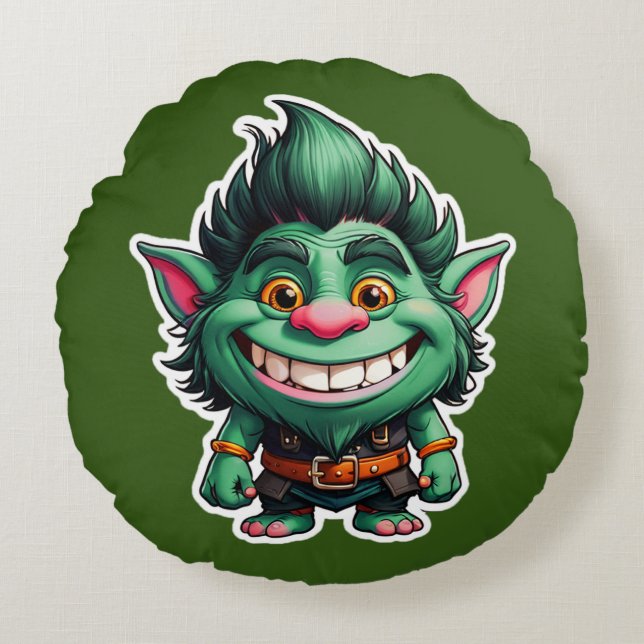 Happy Little Troll Chibi Illustration Rundes Kissen (Vorderseite)
