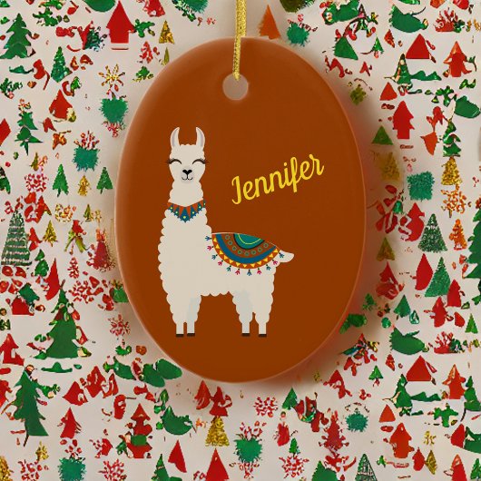 Happy Llama with Name on Red Ceramic Ornament