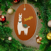 Happy Llama with Name on Red Ceramic Ornament