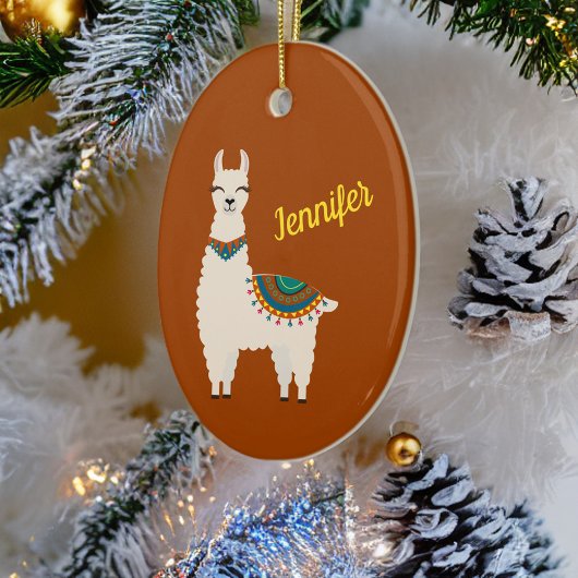 Happy Llama with Name on Red Ceramic Ornament