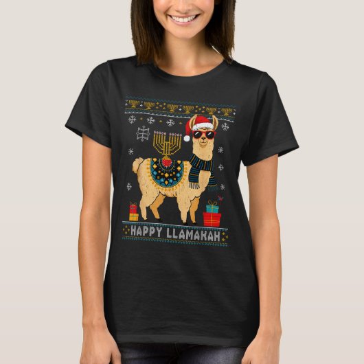 Happy Llamakah Funny Ugly Hanukkah Sweater Llama P T-Shirt (Vorderseite)