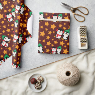 Happy Love Pinguine and Stars Burgundy Seamless Geschenkpapier