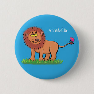 Happy Löwe mit Schmetterling-Cartoon-Abbildung Button