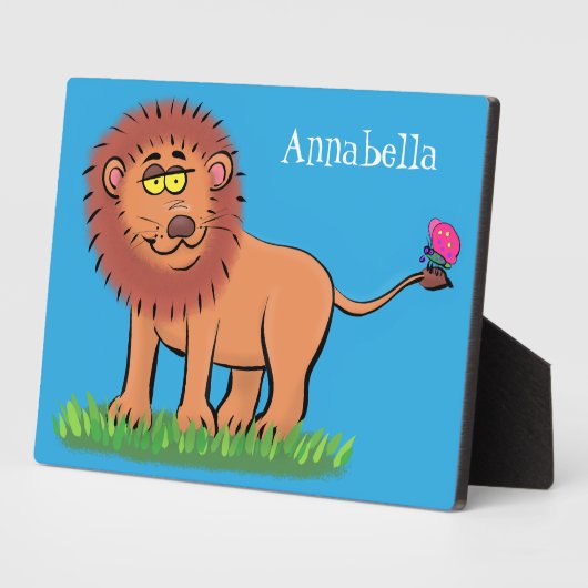 Happy Löwe mit Schmetterling-Cartoon-Abbildung Fotoplatte (Seite)