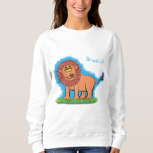 Happy Löwe mit Schmetterling-Cartoon-Abbildung Sweatshirt (Vorderseite)