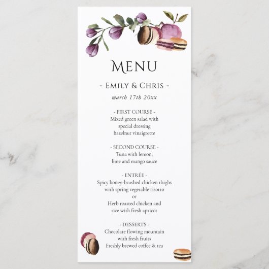 Happy Macaron | Elegante Violet Floral Moderne Menükarte (Vorderseite)