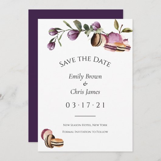 Happy Macaron | Elegante Violet Floral Moderne Save The Date (Vorne/Hinten)