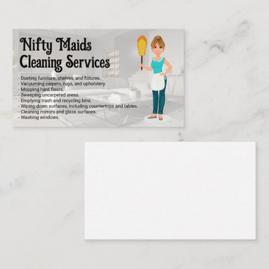 Happy Maid with Feather Duster | Clean Living Room Visitenkarte (Vorne/Hinten)