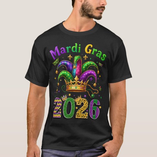 Happy Mardi Gras 2026 Jester Hat T-Shirt (Vorderseite)