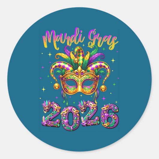 Happy Mardi Gras Carnival 2026 Jester Hat Men Wome Runder Aufkleber (Vorderseite)