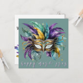 Happy Mardi Gras Feathered Mask in Grün Karte (Vorderseite/Rückseite Beispiel)