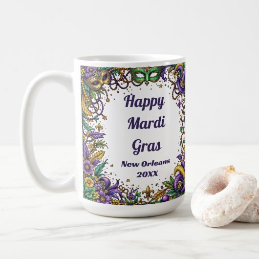 Happy Mardi Gras Feathered & Mask Kaffeetasse (Mit Donut)