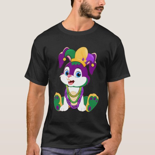 Happy Mardi Gras Niedlich Bunny Wearing Beads Jest T-Shirt (Vorderseite)