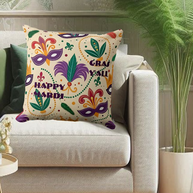 Happy Mardi Gras Y'All maskiert Lilie Beads Kissen (Happy Mardi Gras Y'All Masks Fleur De Lis Beads Throw Pillow)