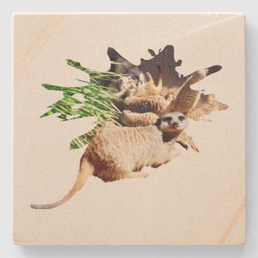 Happy Meerkat with Pups, Steinuntersetzer (Vorderseite)