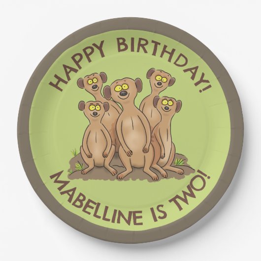 Happy meerkats personalisiert Geburtstag Cartoon Pappteller (Vorderseite)