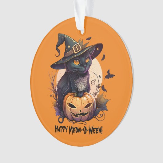 "Happy Meow-O-Ween" Black Cat & Jack-o-Lantern Ornament (Vorderseite)