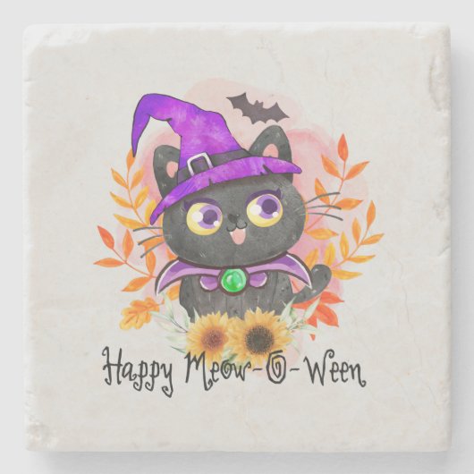 Happy Meow-o-ween - Black Hexenkatze Steinuntersetzer (Vorderseite)