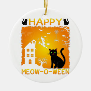 Happy Meow-O-Ween - Schwarze Katzen, Spuk Haus Keramik Ornament