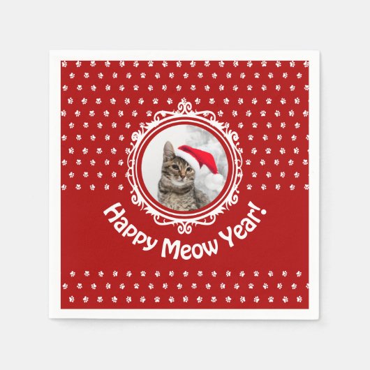 "Happy Meow Year!" Cat Christmas Paper Napkin Serviette (Vorderseite)