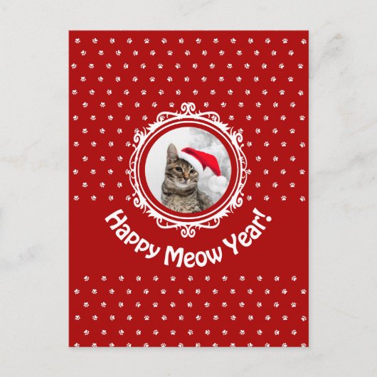 'Happy Meow Year' Red Cat Lover Weihnachtsfeiertag Postkarte (Vorderseite)