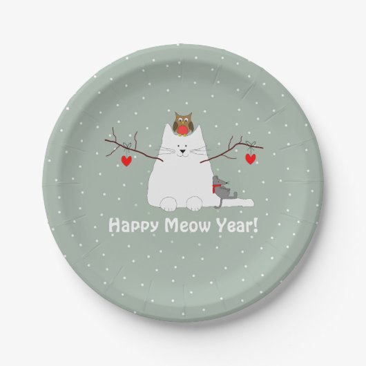"Happy Meow Year"! Schneekattelplatte Pappteller (Vorderseite)