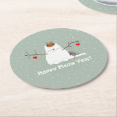 "Happy Meow Year"! Schneekatze Runder Pappuntersetzer (Angewinkelt)