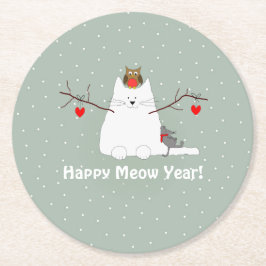 "Happy Meow Year"! Schneekatze Runder Pappuntersetzer