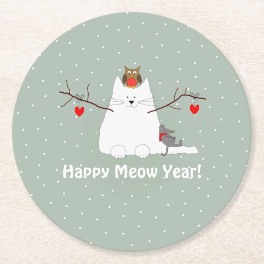 "Happy Meow Year"! Schneekatze Runder Pappuntersetzer (Vorderseite)