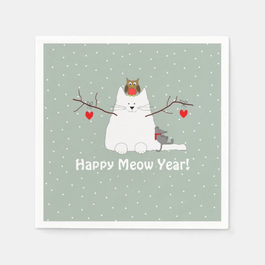 "Happy Meow Year"! Schneekatze Serviette (Vorderseite)